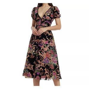 DRESS THE POPULATION black floral velvet burnout midi dress sz M